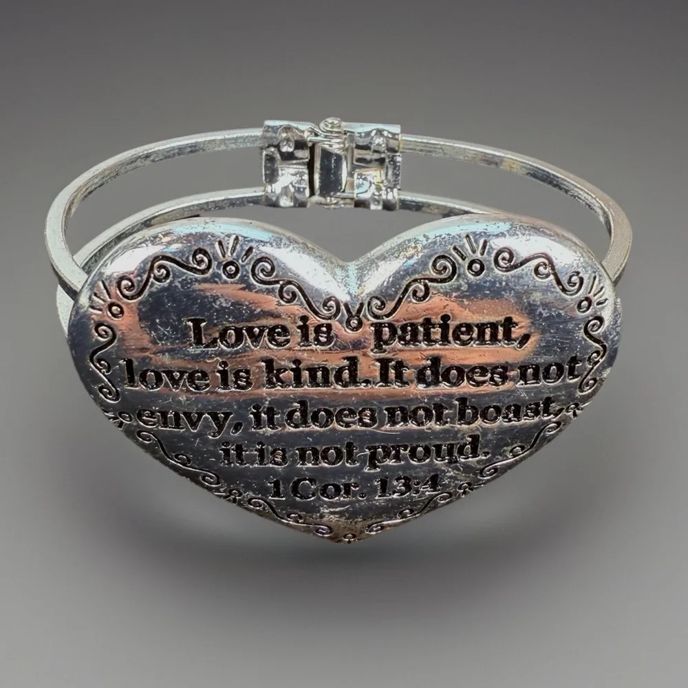 Silvertone Heart Cuff Bracelet with Inspirational Quote